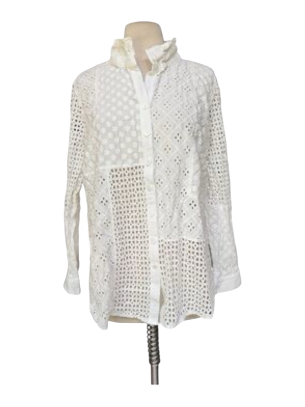 Coldwater Creek White Crochet Patchwork Button-Down Shirt